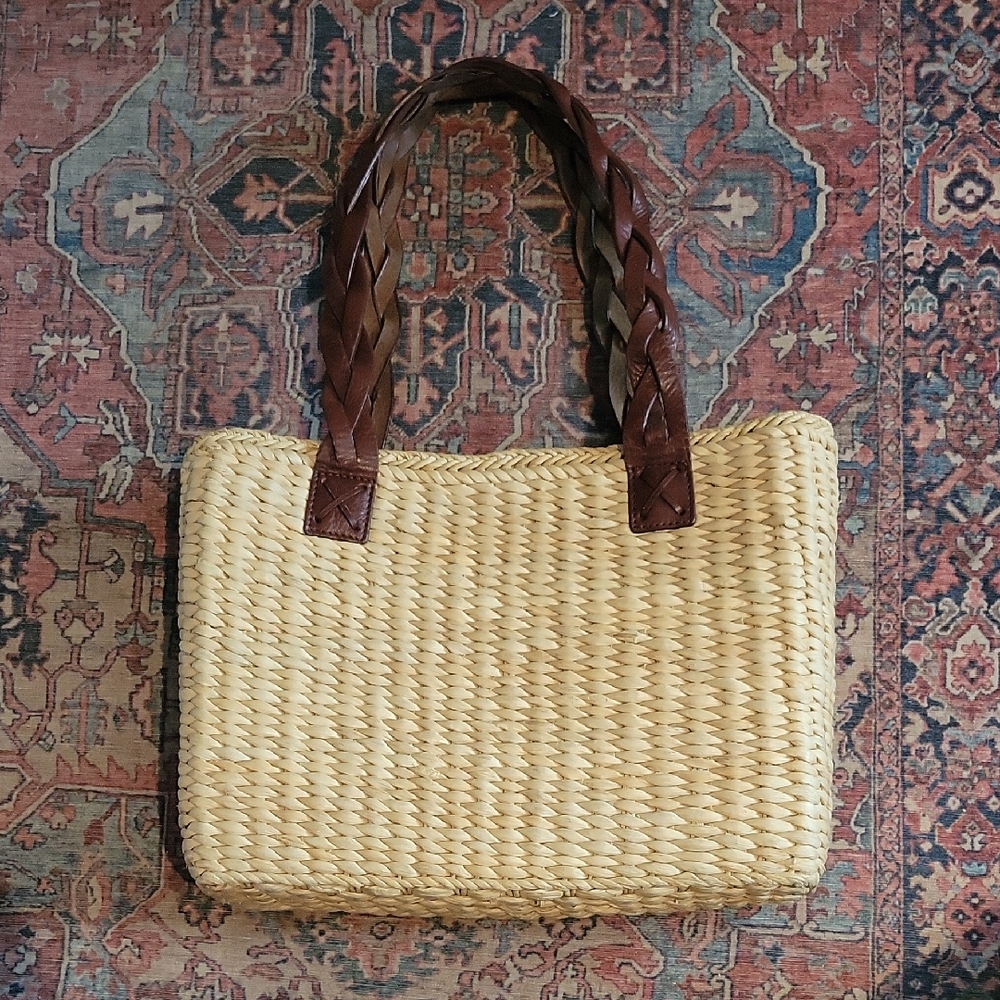 The Walking Co Company Bag Leather Cornhusk Wicker Purse Tote 11" x 13" x 3"
